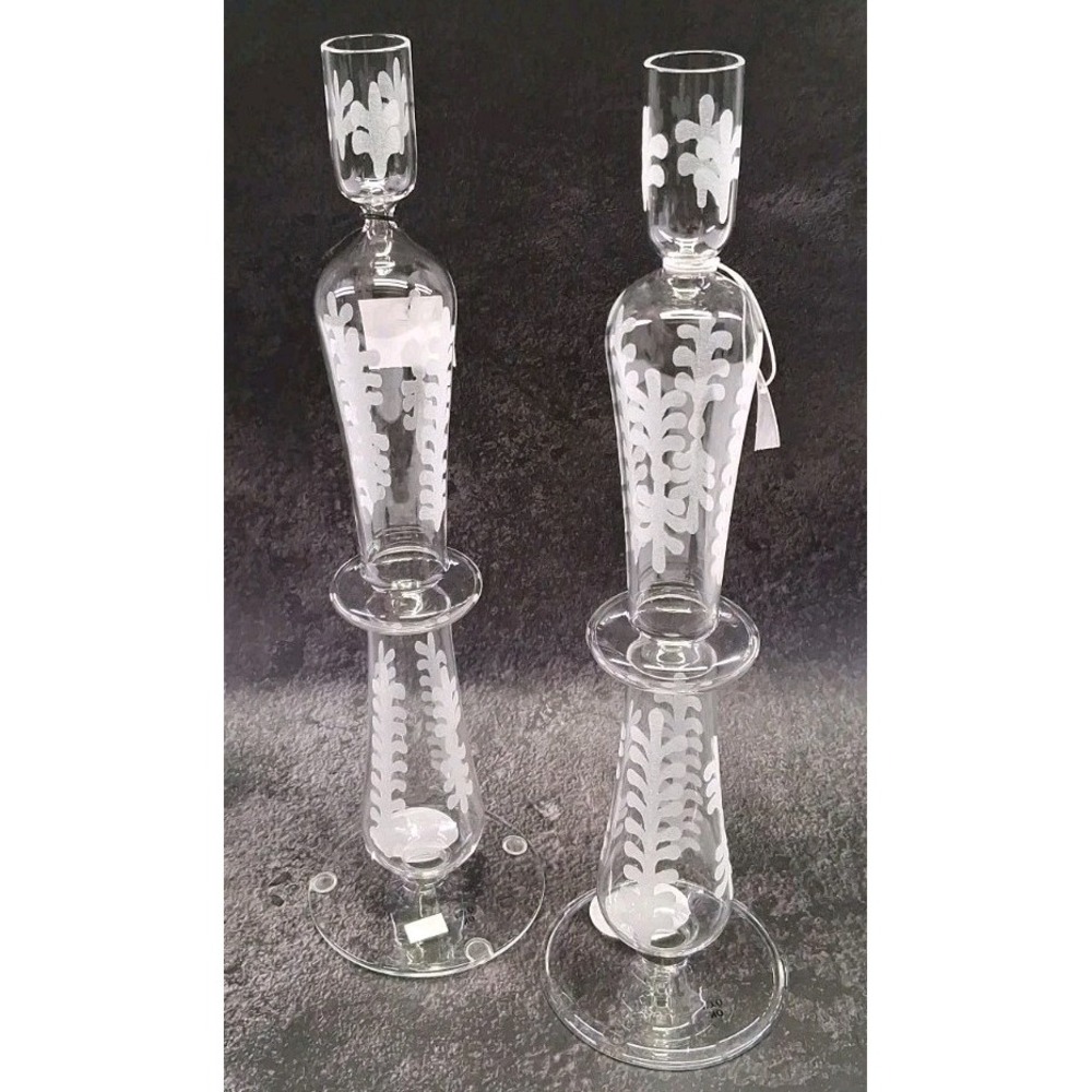 Pottery Barn Set of (2) Etched Glass Taper Candle Holders 13 Inches Tall  NWT